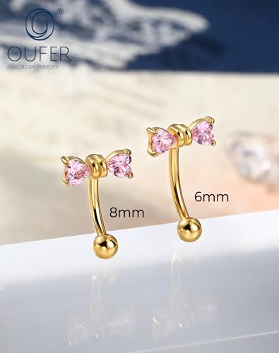 OUFER 16G Rook Earring Piercing Jewelry-316L Surgical Steel Pink Clear CZ Bow Eyebrow Rings, 6/8MM Curved Barbell Vertical Labret Lip Piercing Jewelry - color: Gold-PK