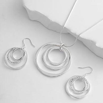 3 Circles Silver Hoop Earrings Necklace Set for Women Geometric Jewelry Set | 925 Silver Hypoallergenic Small Hoop Circle Geometry Textured Finish Minimalist Style Comfortable Wear - style: Silver