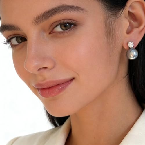 Faux Pearl Cubic Zirconia Stud Earrings, Hypoallergenic Lightweight Round Pearl Studs for Women - color: Blueish Silver, size: Pearl 12mm-CZ 6mm
