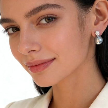 Faux Pearl Cubic Zirconia Stud Earrings, Hypoallergenic Lightweight Round Pearl Studs for Women - color: Blueish Silver, size: Pearl 12mm-CZ 6mm