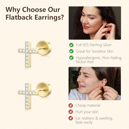 JIAYIQI Minimalist 925 Sterling Silver Stud Earrings Set, 14K Gold Plated Hypoallergenic Tiny Bar Dot Heart Star Studs for Women & Men - style: Gold-Cross-Flatback-1 Pair