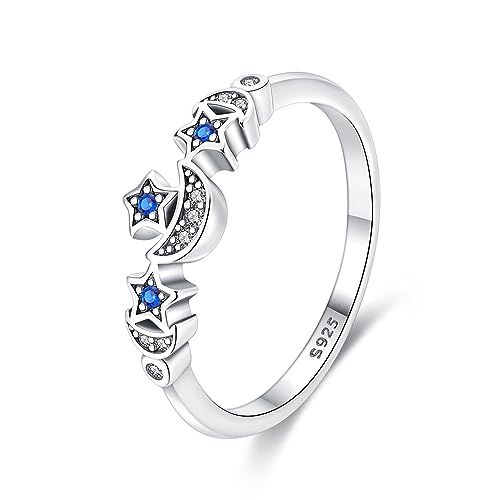 KUNSIR 925 Silver Cubic Zirconia Ring Size 7-9 Wedding Band Sterling Silver Eternity Ring Modern Style - style: Blue Star-moon Ring