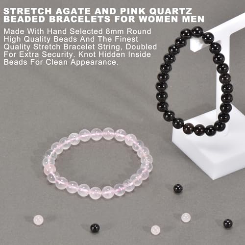 2PCS Agate Bracelet for Women Men Natural Round Beaded Agates Stone Healing Stretch Bracelets Elastic Handmade Polished Gemstone Beads Bracelet - color: Black+Pink Quartz, size: 8mm Beads