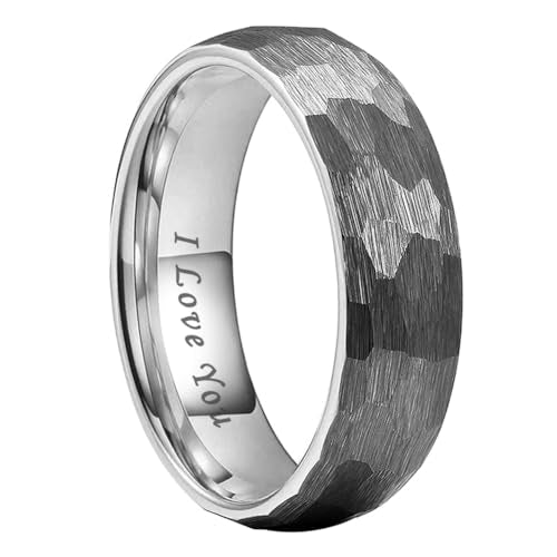TUTISS 6mm 8mm Silver/Black/Gold/Rose Gold Hammered Tungsten Rings for Men Women Couple Fashion Jewelry Engagement Wedding Bands Domed Matte Finish Comfort Fit - color: 6mm Silver I Love You Engraved
