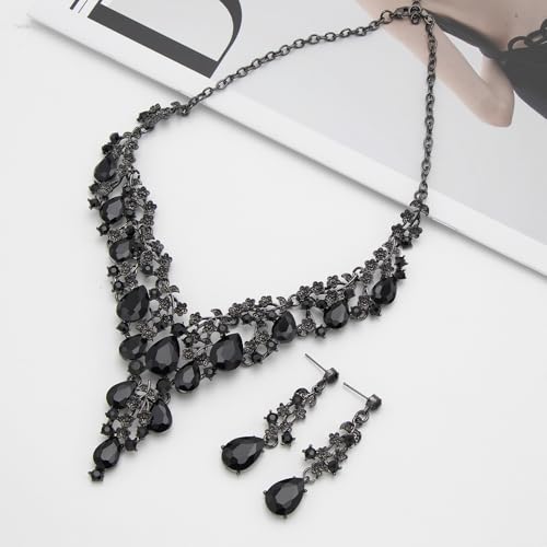 Bridal Bridesmaid Austrian Crystal Jewelry Set, Floarl rhinestone Statement Neckace Teardrop Necklace Drop Dangle Earrings Set - color: Black