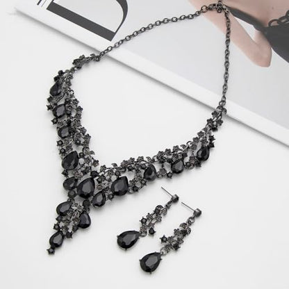 Bridal Bridesmaid Austrian Crystal Jewelry Set, Floarl rhinestone Statement Neckace Teardrop Necklace Drop Dangle Earrings Set - color: Black