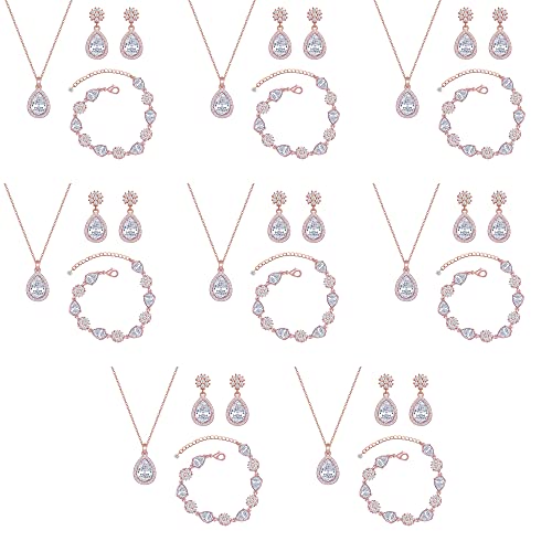Bridesmaid Jewelry Set for Women,Pendant 18K Gold & Silver & Rose Gold Pendant Necklace Earrings Bracelet Set,Dainty Gift for Wedding/Proposal/Party/Anniversary - color: ROSE GOLD - 8 SETS