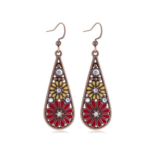Colorful Green Teardrop Earrings for Women - Bohemian Style Enamel Dangle Earrings Lightweight Fashion Jewelry for Daily/Wedding/Party - color: Red Yellow Flower