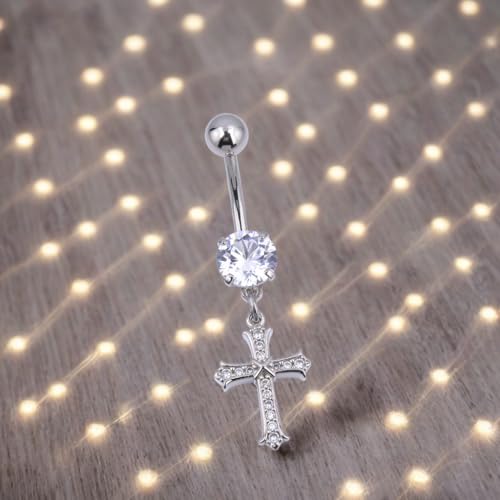 B BodyPJ Sparkles 14G Religious Belly Button Ring with Crystal Cross and Religious Charms, Stainless Steel - style: Type G,Silver