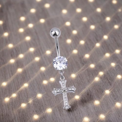 B BodyPJ Sparkles 14G Religious Belly Button Ring with Crystal Cross and Religious Charms, Stainless Steel - style: Type G,Silver
