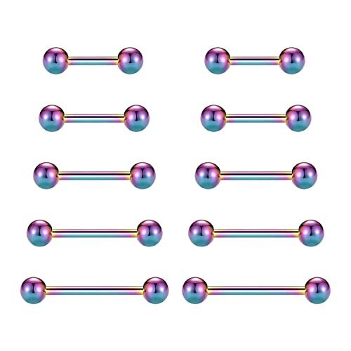 GAGABODY 5 Pairs Nipple & Tongue Rings - 14G Surgical Steel Screw Barbell - Straight, 12mm-20mm - color: Rainbow