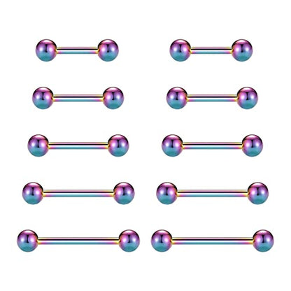 GAGABODY 5 Pairs Nipple & Tongue Rings - 14G Surgical Steel Screw Barbell - Straight, 12mm-20mm - color: Rainbow