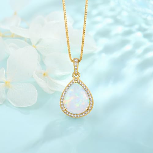 FJ Teardrop Pendant Necklace 925 Sterling Silver Birthstone Jewelry for Women - color: 10 October-Opal-Yellow Gold
