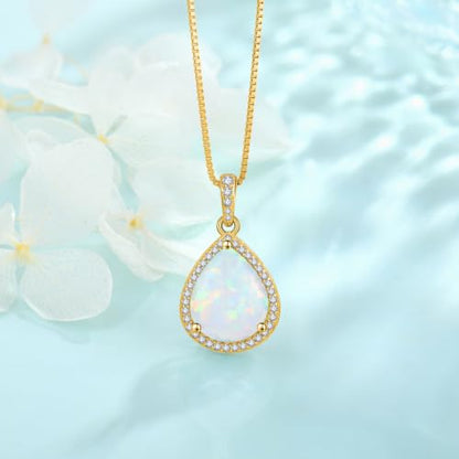 FJ Teardrop Pendant Necklace 925 Sterling Silver Birthstone Jewelry for Women - color: 10 October-Opal-Yellow Gold