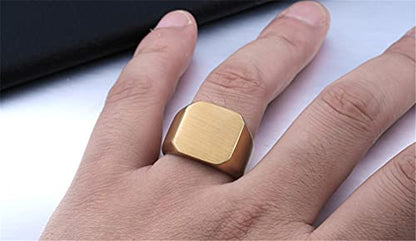 HIJONES Mens Stainless Steel Signet Ring Matte Brushed Square | Simple Statement ,Wedding Band,Polished Round - color: Square-Gold