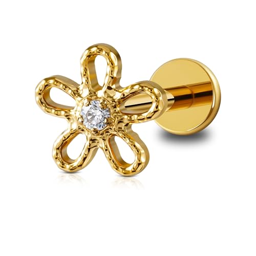 FINE4U 1PC ASTM F136 Titanium 16G Flatback Stud for Tragus, Helix, Conch 6mm 8mm - Screw on Cartilage Earring Piercing Jewelry - color: Flower - Gold