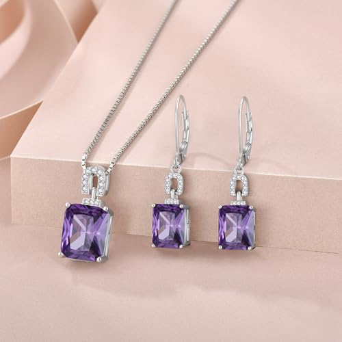 Emerald Cut Birthstone Necklace for Women 925 Sterling Silver | Baguette Birthstone Pendant Necklace, Jewelry for Mom Wife - color: Purple