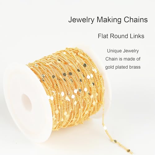 Jabogrii 32.8 Feet 18K Gold Plated Brass Jewelry Making Chains Bulk Roll | Flat Round Chain DIY Necklace Bracelet Chain for Jewelry Making - color: Flat Round Gold