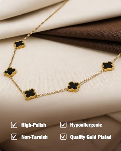 Four Leaf Clover Necklace 18K Gold Plated Necklaces for Women Lucky Flower Pendant Adjustable Link Chain Stainless Steel Dainty Trendy Simple Jewelry Gifts for Women - color: 5G-Single Black