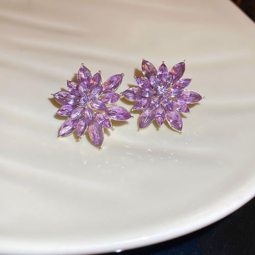 Crystal Flower Burst Stud Earrings Large Big Sparkly CZ Cubic Rhinestone Floral Cluster Flower Stud Earrings Bridal Wedding Party - color: Violet