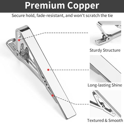 MOWPOG 6 Pcs Tie Clips for Men, Tie Bar Pins Tacks with Gift Box | Copper, Shiny & Glossy, for Father, Husband, Boyfriend, Business, Wedding, Suit Accessories, Easy to Open, Won't Fade/Scratch - color: 3 Gold + 3 Silver