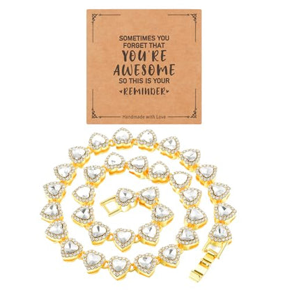 fasone Rhinestone Hearts Necklace, Iced Out Hearts Jewelry，Silver Tennis Necklace For Women，Tennis Necklaces For Women, Heart Tennis Necklace - color: Gold_15.7inch/8inch