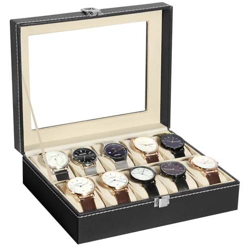 Uten Watch Box, 10 Slots Watch Case, Watch Box Organizer Jewelry Storage with Large Glass Lid, Watch Display Case, Watch Box for Men & Women | Black Watch Cases for Men and Women, removable Pillow, Velvety Inner Lining, Gifs for Graduation, Thanksgiving,