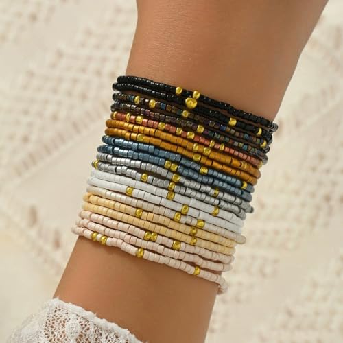 Cute Handmade Colorful Tiny Seed Beads Stackable Bracelets Set Bohemian Gold Beaded Elastic Multilayered Stretch Bracelet for Women Rainbow Surfer Boho Beach Jewelry - style: Set C