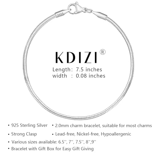 Charm Bracelet 925 Sterling Silver Bracelets for Women 2mm Dainty Snake Chain Bracelet Jewelry Gifts for Her - size: 7.5 inches
