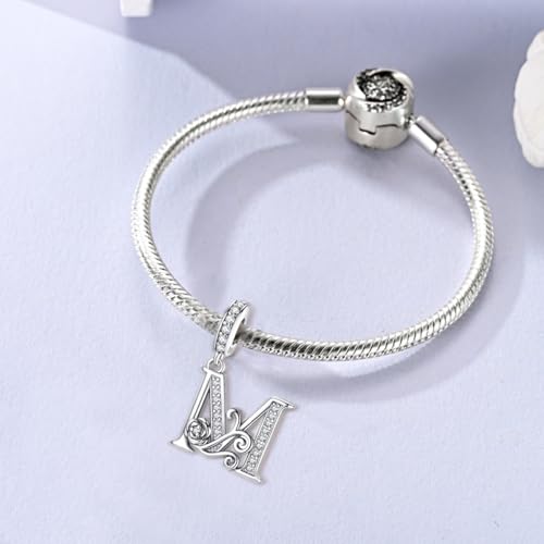 LNQOBU Complete A~Z Alphabet Charm Letter Beads, Solid 925 Sterling Silver with Cubic Stones Rose Alphabet Charm fits Pandora Bracelets Necklace Women Jewelry - color: CYT-M