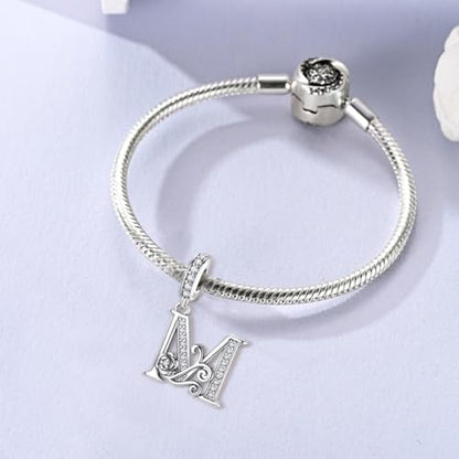 LNQOBU Complete A~Z Alphabet Charm Letter Beads, Solid 925 Sterling Silver with Cubic Stones Rose Alphabet Charm fits Pandora Bracelets Necklace Women Jewelry - color: CYT-M