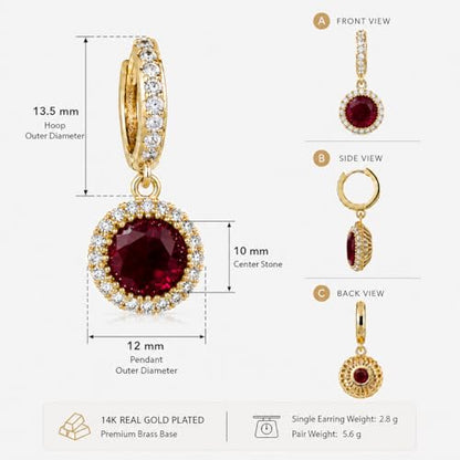14K Gold Plated Hoop Dangle Earrings for Women, Hypoallergenic Colorful Cubic Zirconia Drop Earrings, Lightweight Huggie Earrings for Women - color: Gold/Ruby Red