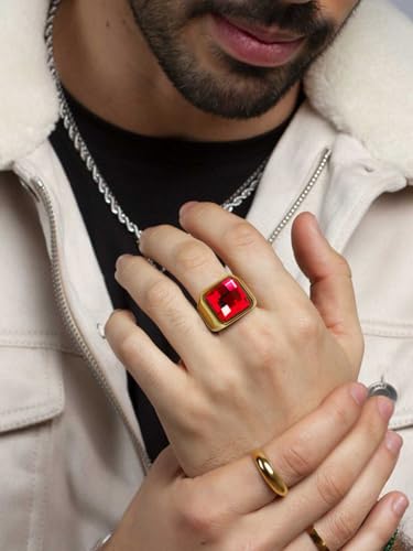 KeyStyle Square Gemstone Signet Rings for Men, Personalized Stainless Steel Pinky Ring with Black Onxy Blue Topaz Birthstone Statement Ring - color: Gold - Custom Stone - 15mm