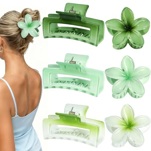 Flower Hair Clips for Women, Square Claw Clips for Girls 6PCS - Green | 2 Styles Hair Claw Clips for Thick or Thin Hair Hawaiian Hibiscus Rectangle Large Plumeria Medium Hair Accessories for Women - color: Green