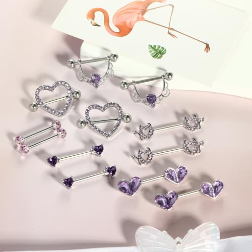 TIANCI FBYJS 6 Pairs Nipple Rings Stainless Steel Heart Butterfly Moon Flower CZ Stud Barbell Tongue Rings Set Cute Nipplerings Piercing Jewelry for Women Pink Tone - color: purple