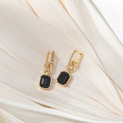 Birthstone Crystal Dangle Drop Earrings, 18K Gold Plated Huggie HoopEarring | Hypoallergenic Earring Jewelry Gifts for Women, Birthdays, anniversaries, weddings - color: Black-Hoop