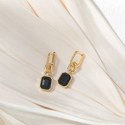 Birthstone Crystal Dangle Drop Earrings, 18K Gold Plated Huggie HoopEarring | Hypoallergenic Earring Jewelry Gifts for Women, Birthdays, anniversaries, weddings - color: Black-Hoop