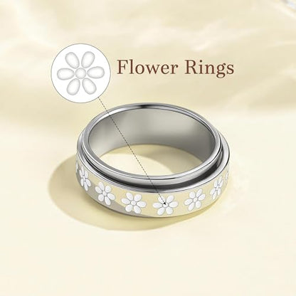Fidget Anxiety Spinner Rings for Women | 14K Gold Silver Plated, 8mm Thick Stainless Steel Band Ring, Statement Cross Flower Spinning Rings, Jewelry Gifts, Size 6-10 - color: Silver-Flower
