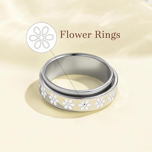 Fidget Anxiety Rings for Women 14K Gold Silver Plated Spinner Band Ring 8mm Thick Stainless Steel Statement Rings Jewelry Gifts Size 6-10 - color: Silver-Flower