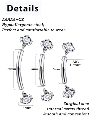 18G Internal Thread Eyebrow Piercing Jewelry Surgical Steel Curved Barbell Tiny Eyebrow Ring Vertical Labret Lip Jewelry Ear Rook Small Belly Button Ring for Women Men 6mm/8mm/10mm