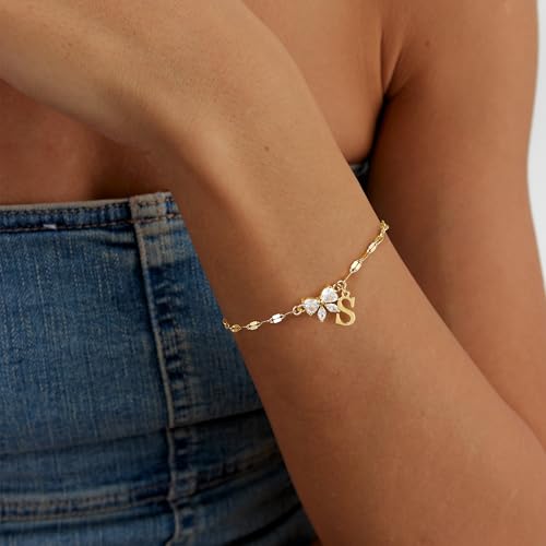Gold Initial Bracelet for Women Teen Girls 14k Gold Plated Dainty Butterfly Charm Letter Bracelet for Birthday Jewelry Gifts - color: Gold-S