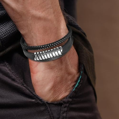Leather Bracelet for Men Braided Stainless Steel Mens Bracelets - color: Black 5