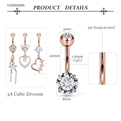 14G Dangle Belly Button Ring Piercing Jewelry 316L Stainless Surgical Steel Heart Flower CZ Reverse Navel Rings Dangling Belly Button Ring Piercing Jewelry for Women 14 Gauge Hypoallergenic - style: 12Pcs Rose Gold