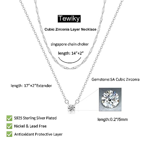 Tewiky Dainty 14k Gold Plated/Silver Cubic Zirconia Necklaces for Women | Simple CZ Jewelry Necklaces Trendy Gifts - color: Silver layer chain CZ