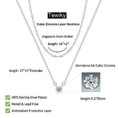 Tewiky Dainty 14k Gold Plated/Silver Cubic Zirconia Necklaces for Women | Simple CZ Jewelry Necklaces Trendy Gifts - color: Silver layer chain CZ