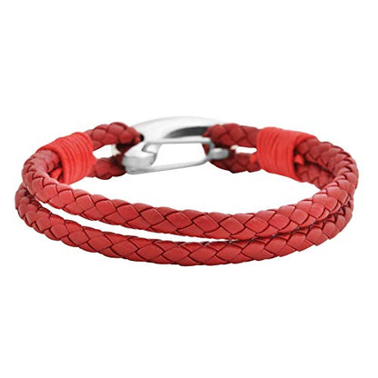 Edforce Braided Genuine Leather 2-Strand Cuff Bracelet with Stainless Steel Clasp - color: Red