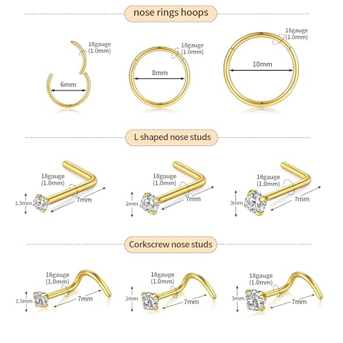 15PCS 14K Gold Plated Nose Rings Studs Set for New Piercing Beginners - color: Gold-18g 9pcs Hoops and Stud set