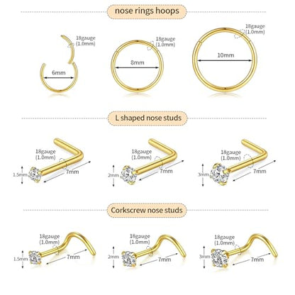 15PCS 14K Gold Plated Nose Rings Studs Set for New Piercing Beginners - color: Gold-18g 9pcs Hoops and Stud set