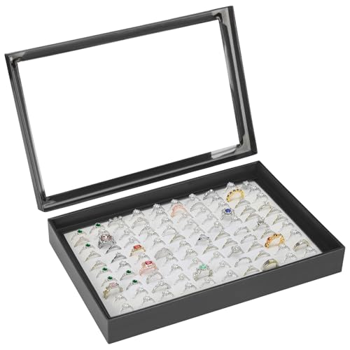 KUKUVR 100 Slots Ring Earring Holder Display Case (Black+White) | Velvet, Clear Lid, Ring Earring Storage Organizer Box Tray, for Women and Selling Show - color: Black+White
