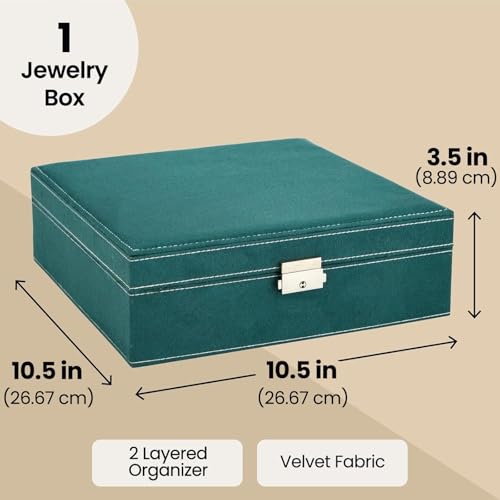 Juvale Velvet Jewelry Box Organizer - 10.5 x 10.5 x 3.5 in, Green - Lockable 2-Tier Travel Jewelry Case & Earring Storage - Removable Tray & Built-In Necklace Organizer - color: Green